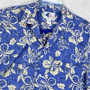 VTG Nui Nalu Hawaiian Camp Shirt Mens L Blue Floral Tropical Resort Beach USA